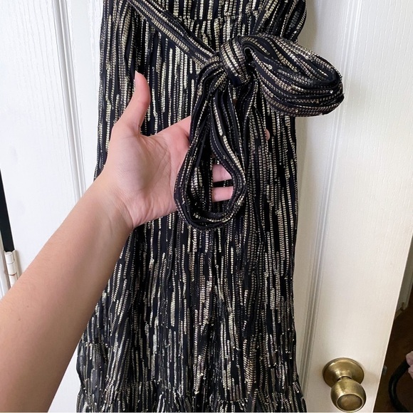 Ba&sh Dress Nixon Metallic Crossover-Neck Tie Maxi Party Black Gold XS GUC - Picture 4 of 12